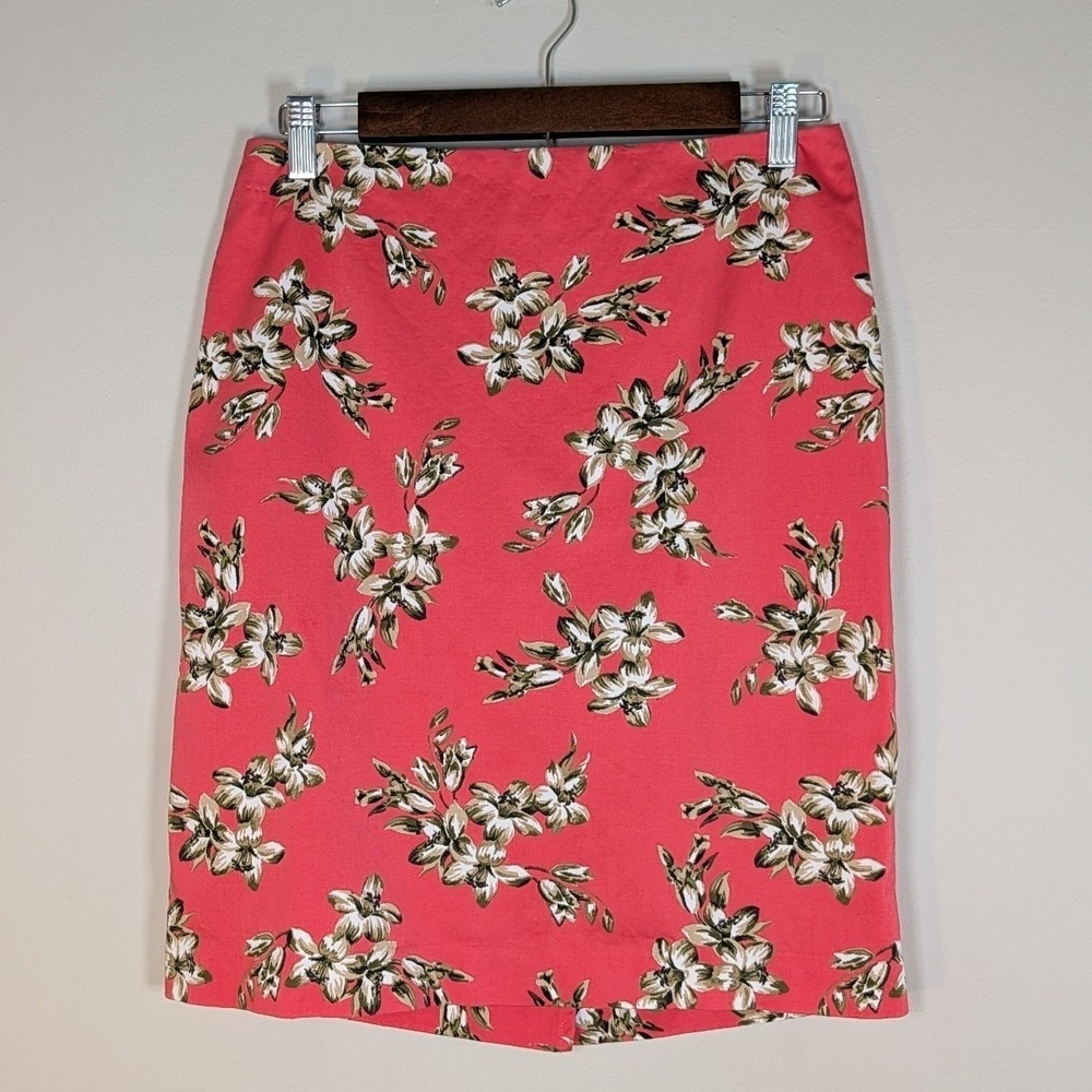 Talbots Petites Coral Pink Floral Cotton Blend Pencil Skirt Size 6P
